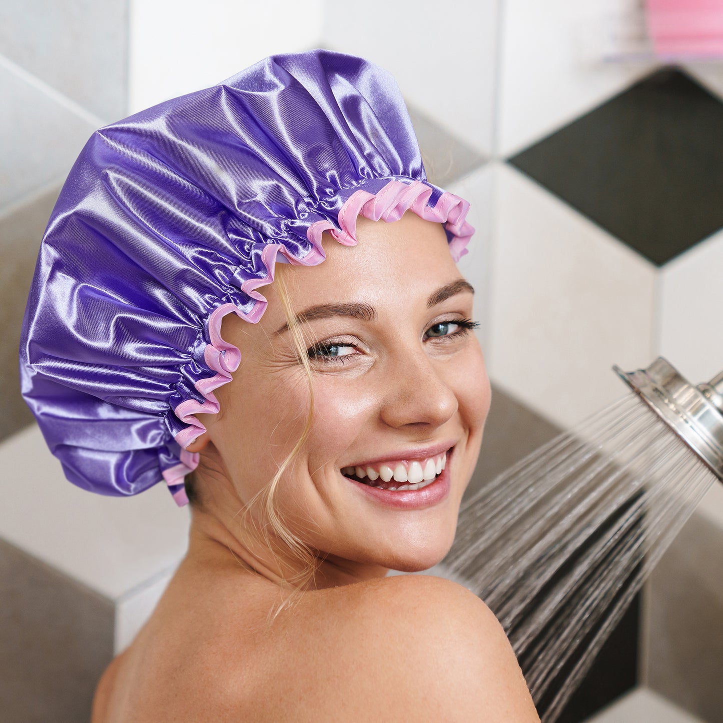 Bodylife Bath & Shower Cap Purple & Pink Dual Layered 27cm
